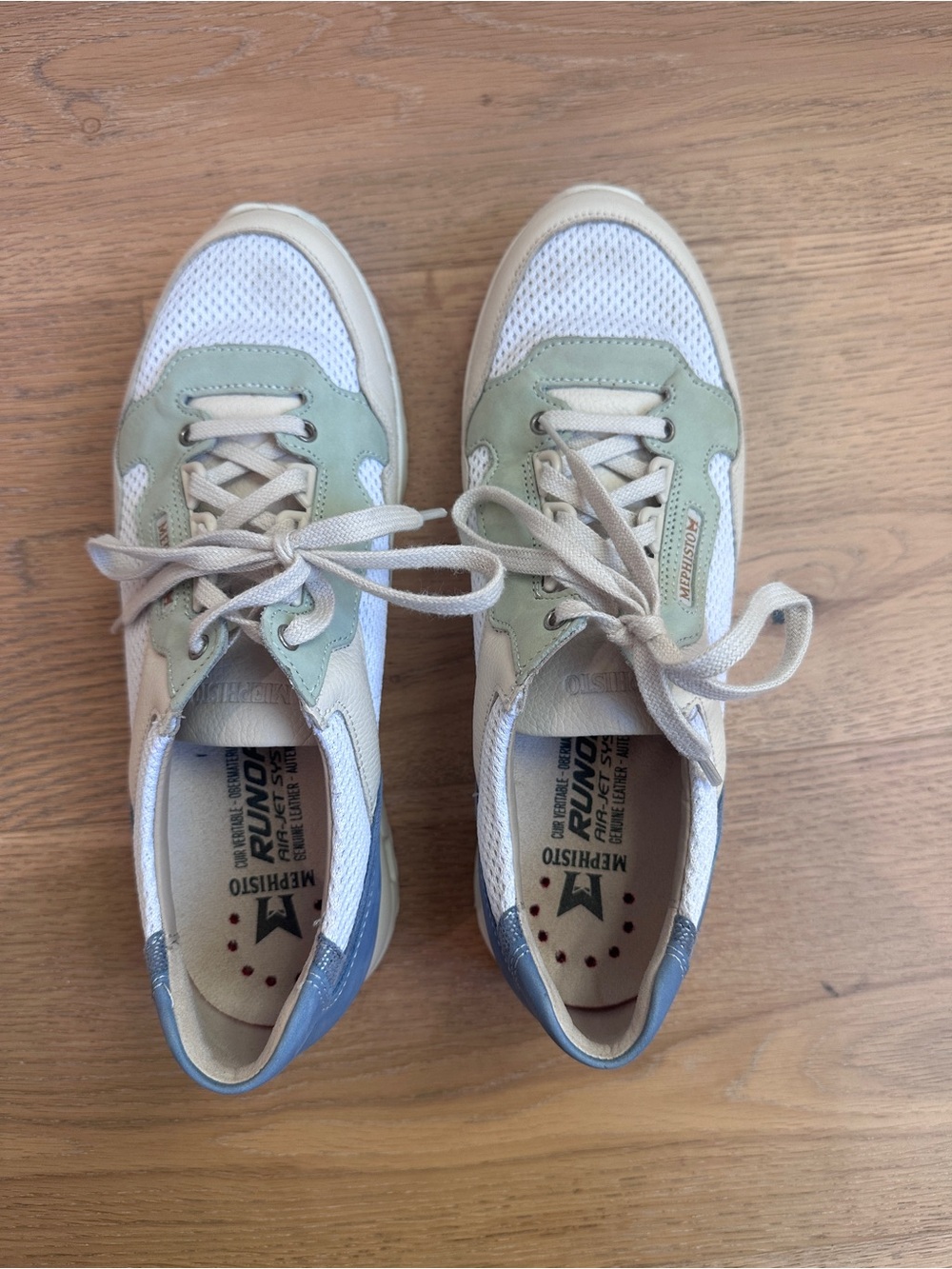 Mephisto White, Sage & Blue Mesh Suede Lace-Up Sneakers